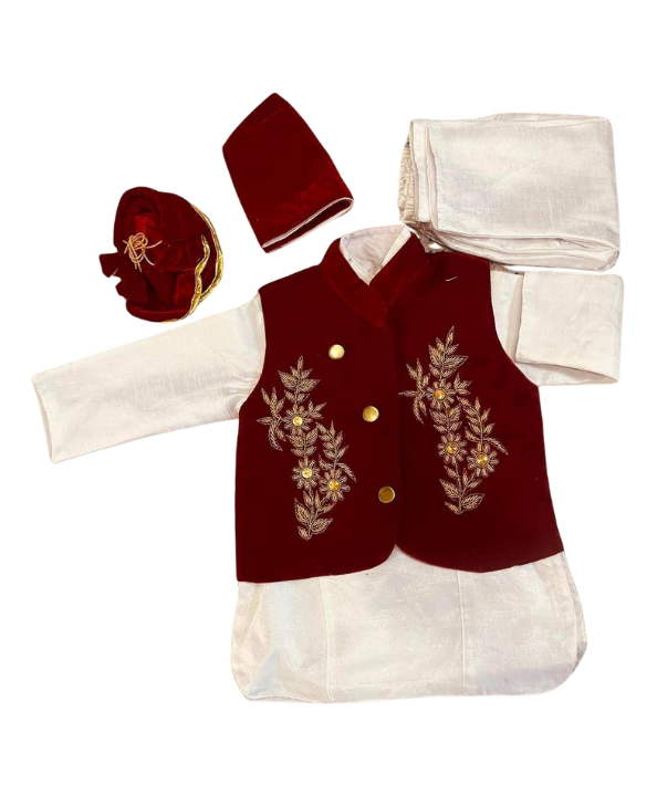 Maroon Red Velvet Subha Annaprashan Dress Set